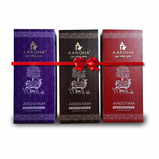 Aaroha Arogyam Dhoop Sticks – Pack of 3 (Sandal, Lavender & Rose) | Panchgavya, Charcoal-Free & Long-Lasting Aroma