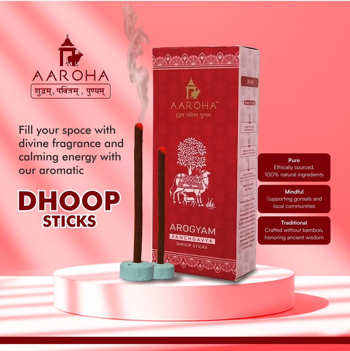 "AAROHA Arogyam Panchgavya Dhoop Sticks – Natural & Aromatic Rose Incense for a Divine Fragrance"